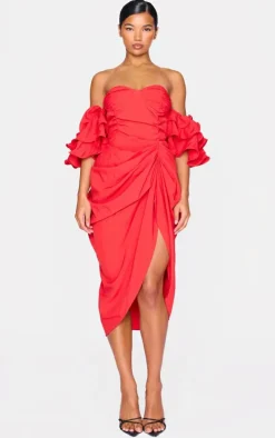 Red Bardot Frill Sleeve Draped Midi Dress