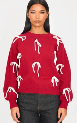 Red Bow Detail Oversized Christmas Sweater