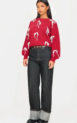 Red Bow Detail Oversized Christmas Sweater