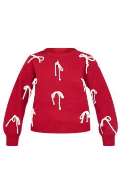 Red Bow Detail Oversized Christmas Sweater