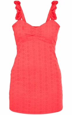 Red Broderie Corsage Ruched Bodycon Dress