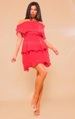 Red Chiffon Bardot Ruffle Tiered Dress