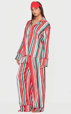 Red Chunky Stripe Satin Long PJ Set