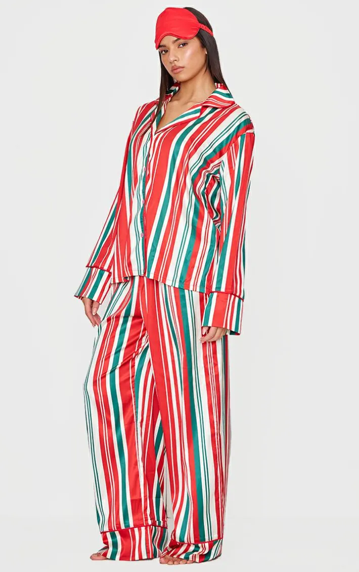 Red Chunky Stripe Satin Long PJ Set