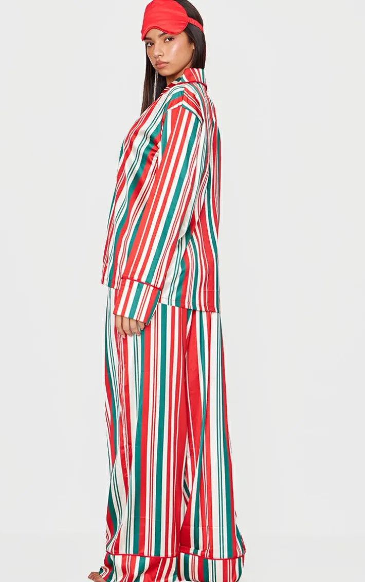 Red Chunky Stripe Satin Long PJ Set