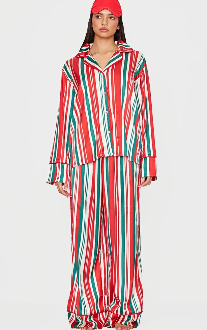 Red Chunky Stripe Satin Long PJ Set
