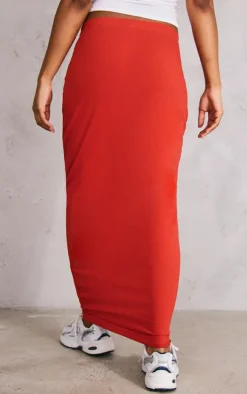 Red Cotton Low Rise Maxi Skirt