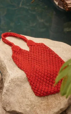 Red Crochet Detail Beach Tote Bag