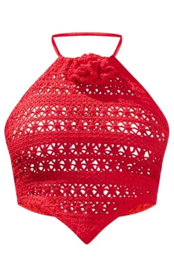Red Crochet Flower Detail Halterneck Beach Top
