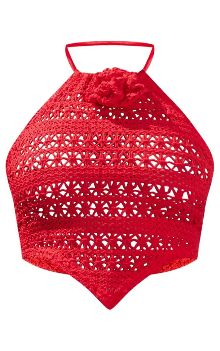 Red Crochet Flower Detail Halterneck Beach Top