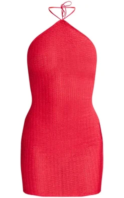 Red Eyelash Textured Halterneck Bodycon Dress