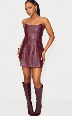 Red Faux Leather Bandeau Corset Shift Dress