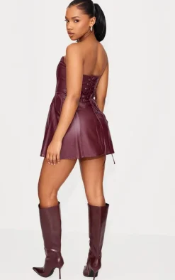 Red Faux Leather Bandeau Corset Shift Dress