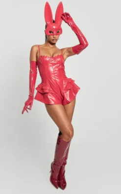 Red Faux Leather Frill Short Detail Strappy Romper