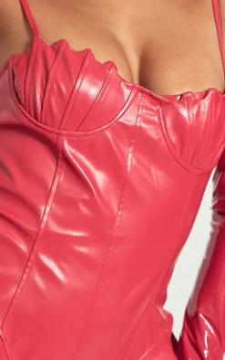 Red Faux Leather Frill Short Detail Strappy Romper