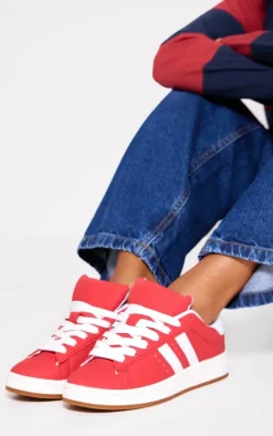 Red Faux Suede Stripe Chunky Lace Up Sneakers