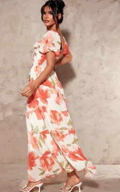 Red Floral Chiffon Bardot Maxi Dress