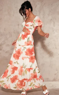 Red Floral Chiffon Bardot Maxi Dress