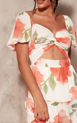 Red Floral Chiffon Bardot Maxi Dress