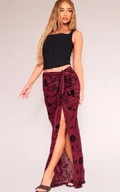 Red Floral Flocked Mesh Ruched Side Maxi Skirt