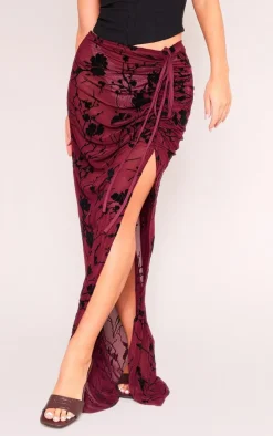 Red Floral Flocked Mesh Ruched Side Maxi Skirt