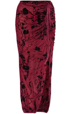 Red Floral Flocked Mesh Ruched Side Maxi Skirt