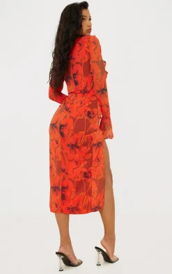 Red Floral Print Chiffon Frill Detail Midi Dress