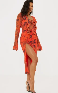 Red Floral Print Chiffon Frill Detail Midi Dress