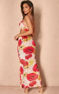 Red Floral Print Devore Cut Out Maxi Dress