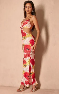Red Floral Print Devore Cut Out Maxi Dress