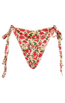 Red Floral Print Fuller Bust Knot Tie Side Bikini Bottoms