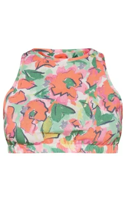 Red Floral Print Linen Look Sleeveless Crop Top