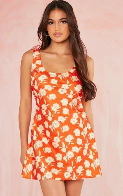 Red Floral Print Satin Frill Detail Low Back Shift Dress