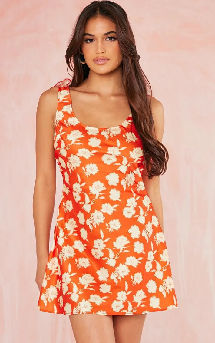 Red Floral Print Satin Frill Detail Low Back Shift Dress