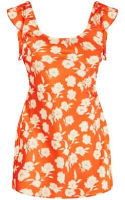 Red Floral Print Satin Frill Detail Low Back Shift Dress