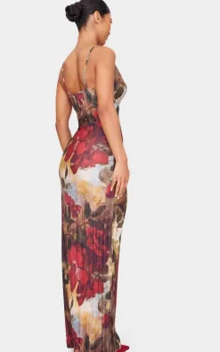 Red Floral Printed Plisse Strappy Maxi Dress