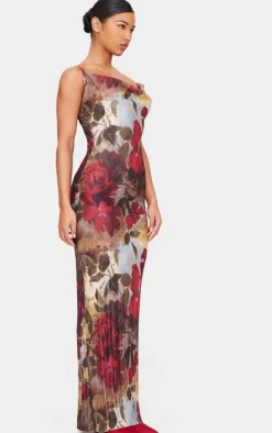 Red Floral Printed Plisse Strappy Maxi Dress