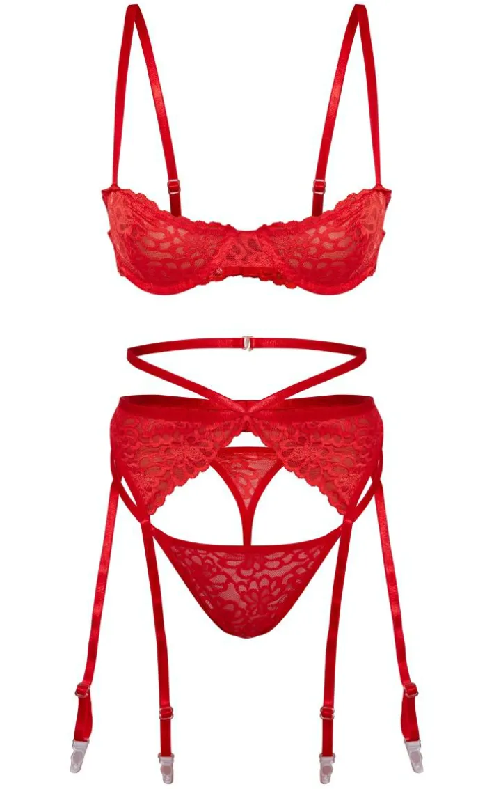 Red Floral Scalloped Edge Lace 3 Piece Lingerie Set