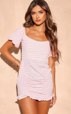 Red Gingham Puff Sleeve Bodycon Dress