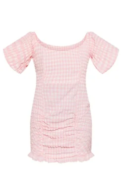 Red Gingham Puff Sleeve Bodycon Dress