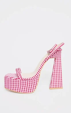 Red Gingham Square Toe Platform Heeled Sandals