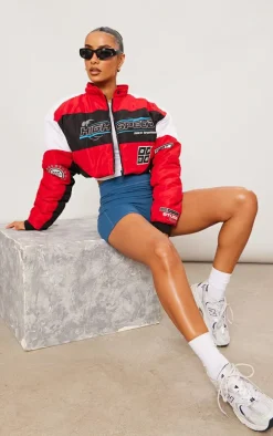 Red Graphic Front Cropped Puffer Jacket