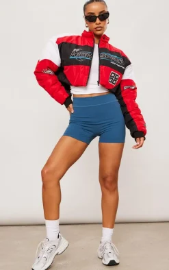 Red Graphic Front Cropped Puffer Jacket