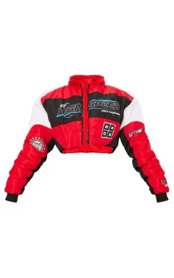 Red Graphic Front Cropped Puffer Jacket