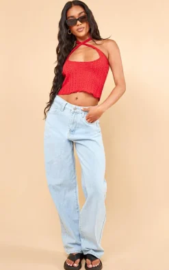 Red Knit Look Cut Out Halter Crop Top