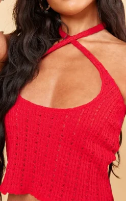Red Knit Look Cut Out Halter Crop Top