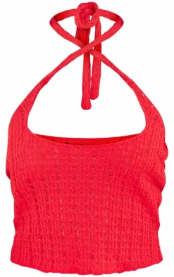 Red Knit Look Cut Out Halter Crop Top
