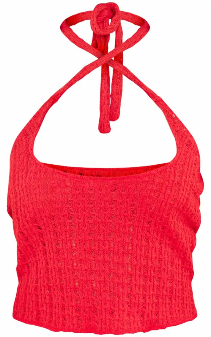 Red Knit Look Cut Out Halter Crop Top