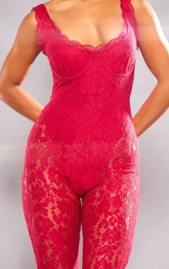 Red Lace Boning Detail Strappy Flared Jumpsuit