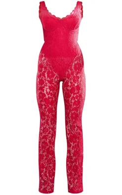Red Lace Boning Detail Strappy Flared Jumpsuit